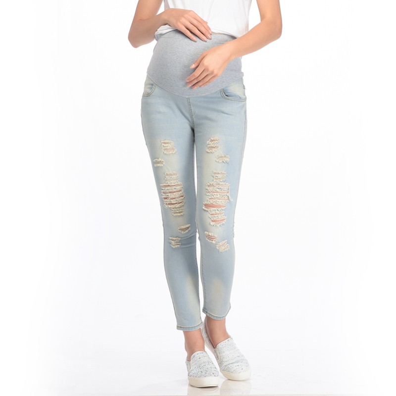 MOOIMOM Skinny Maternity Jeans With Rips Celana Panjang Hamil - Blue